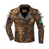 Jacket Leopard Printed Cow Leather, Spiked Long Studded, Frankenstein Patchwork Clothing, Gothic Misfit Handmade Jacket, Brando Rivets Studs